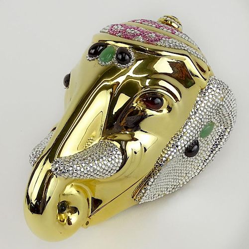 Judith Leiber Gold Tone Metal and Cystal Figural Jeweled Elephant Head Minaudiere.