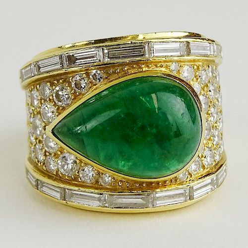 Vintage David Webb Pear Shape Cabochon Emerald, Round and Baguette Cut Diamond and 18 Karat Yellow Gold Ring.