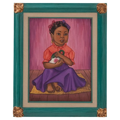 A LA MANERA DE DIEGO RIVERA. Retrato de niña. Firmado Flores. Óleo sobre tela. 60 x 45 cm. Enmarcado.