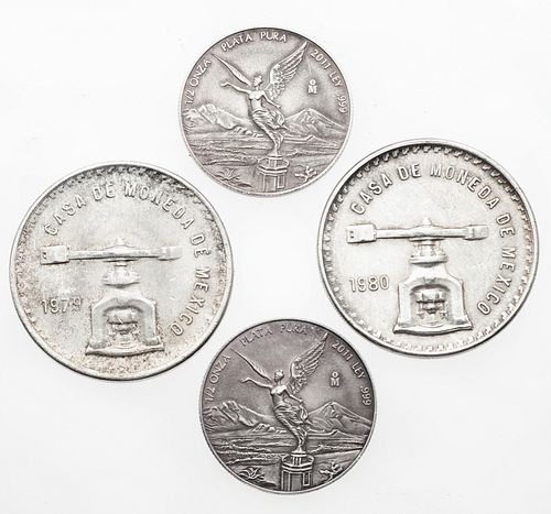 Cuatro monedas Onza Troy de plata Ley .925 y .999. Peso: 98.0 g.