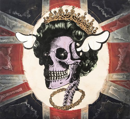 D*FACE (London , 1978). 
"Hrh her Royal Hideous", 2015. 
Mixed media (enamel and emulsion) on canvas, with Union Flag.