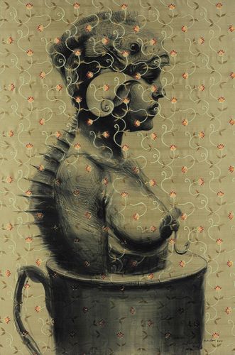 ROBERTO FABELO (Camagüey, Cuba, 1950). 
"Mermaid", 2013. 
Acrylic on embroidered silk.