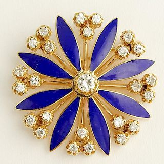 Antique Approx. 1.10 Carat Diamond & Blue Enamel Pendant/Brooch and 14 Karat Gold Flower Brooch.
