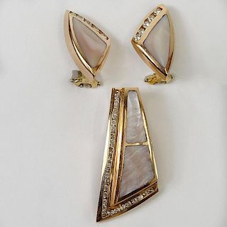 Lady's Vintage Three (3) Piece 14 Karat Rose Gold, Diamond and Mother of Pearl Earring and Pendant Suite.