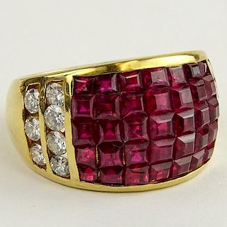 Lady's Invisible Set Ruby, Round Cut Diamond and 18 Karat Yellow Gold Ring. Rubies with vivid saturation of color. Diamonds G-H color, VS clarity. Sig