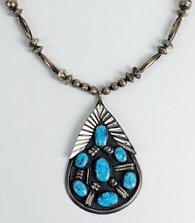 Vintage Old Pawn Navajo Sterling Silver and Turquoise Pendant Necklace.