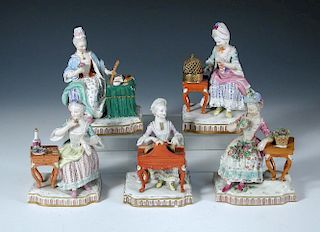 A set of five Meissen ladies seated stimulating their senses, one smelling a rose taken from the bas