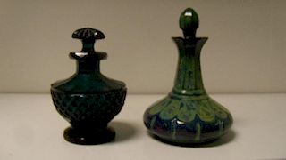 A 19th century Bohemian green lithyalin scent bottle and stopper together with a green glass scent b