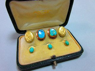 A matched carved turquoise gentleman's dress set, the period fitted leather case by Vever, Paris, co