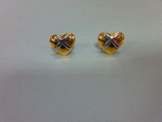 A pair of 9ct bi-colour gold hearts-and-kisses earstuds, each designed as a solid yellow gold slight