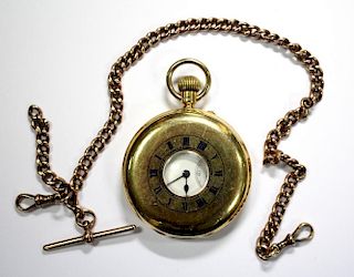 By Knight & Sons - an 18ct gold half hunter cased pocket watch, the white dial printed in black with