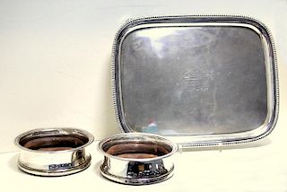 An Old Sheffield Plate salver, maker unknown circa 1800, rectangular with gadrooned edge, raised on