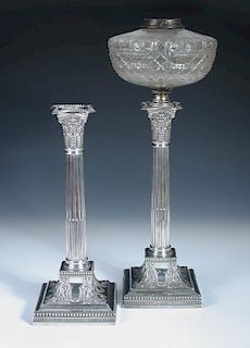 A Victorian silver column table lamp, by James Dixon & Sons, Sheffield 1890 raised from a square bea