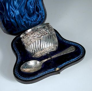 A late Victorian silver porringer and spoon, the porringer by James Wakely & Frank Clarke Wheeler, L