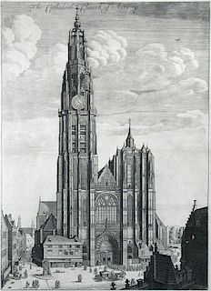Wenceslaus Hollar (Bohemian, 1607-1677) Antwerp Cathedral 1649 or later, state with text above the t
