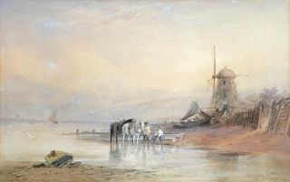 Thomas Leeson Rowbotham (British, 1823-1875) Heavy horses by a windmill on a shore signed lower righ
