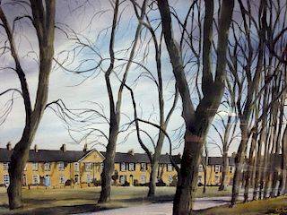 § Peter Knuttel (British, b.1945) Terraces in New Square, Cambridge (the old Parker's Piece) inscrib