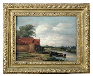Circle of Thomas Churchyard (British, 1798-1865) Rowing boat on a Suffolk river oil on canvas 19 x 2