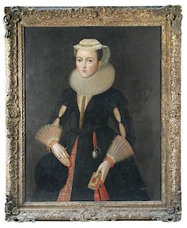 Manner of William Larkin (British, active 1580-1619) Portrait of a lady in a ruff and coral jeweller