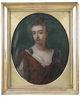 Circle of Sir Godfrey Kneller (British, 1646-1723) Portrait of a lady in a red dress with lace fichu