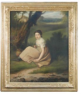 R *** W *** (British, 18th-19th Century) A young girl with a pitcher, seated by a tree signed on the