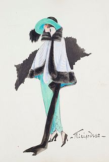  Sammlung von 45 Original Entwurfszeichnungen für Pelzmäntel. Paris, 1923-1924. Verschiedene Techniken: u.a. Feder, Tusche, Aquarelle, Gouache und Gra