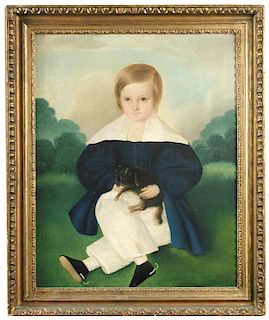 English Provincial School (19th Century) Portrait of a young boy with a King Charles Spaniel puppy i