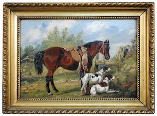 <p>Henry Alken (British, 1785-1851) A bay pony with two pointers in a landscape signed lower left "A