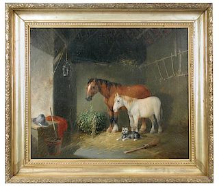 William Shayer, Senior (British, 1787-1879) A bay heavy horse, a grey pony and a terrier in a stable
