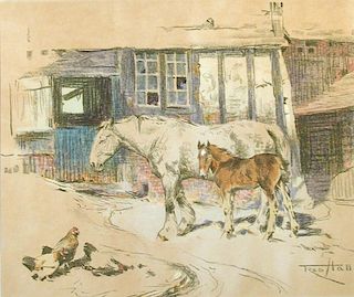 Fred Hall (British, 1860-1948) A grey mare with chestnut foal signed lower right "Fred Hall" waterco
