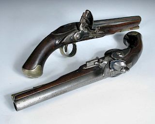 A composed pair of flintlock pistols marked Mortimer, each with 9 inch steel barrels, one marked Lon