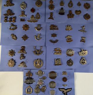A collection of approximately fifty catalogued military badges, mostly British regiments, all mounte