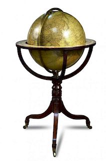A Bastien terrestrial library globe, modern, on a Regency style mahogany stand with brass casters, 1
