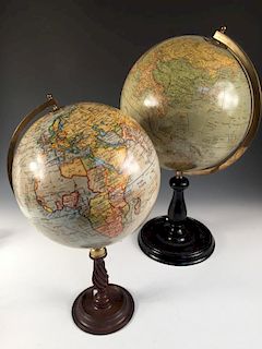 A Geographia 10 inch terrestrial globe, on a wrythen turned column stand, together with another 12 i