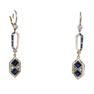 Art Deco Platinum 18k Sapphire Diamond Dangle Earrings