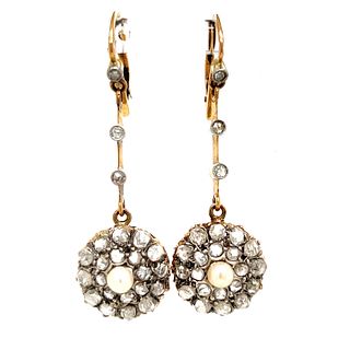 Victorian 18k Silver Diamond Pearl Drop Earrings