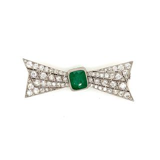 Art Deco Platinum Diamond Emerald Brooch