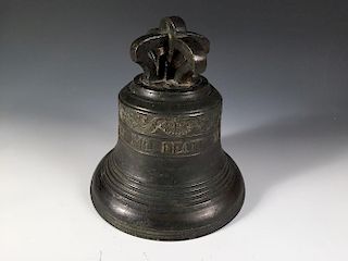 Du Mery Me Fecit Brugis A J 1749 + G', a bronze bell, so cast below a four ribbed open crown top and