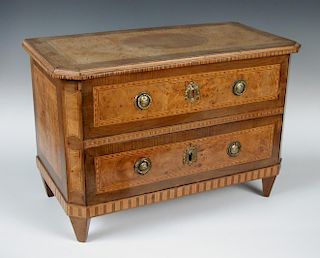 A 19th century Milanese miniature walnut marquetry commode, the rectangular top with canted front co