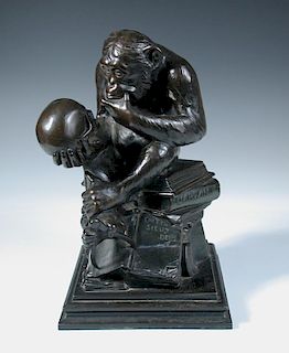 After Wolfgang Hugo Rheinhold (1853-1900), a bronzed 'Affe Mit Schadel', the pensive ape looks at a