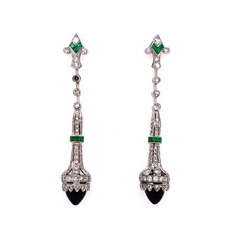 Platinum Emerald Diamond Onyx Drop Earrings