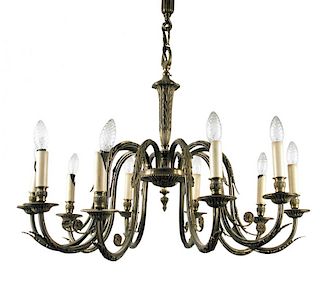 A neo classical style brass ten branch electrolier, leaf moulded branches, column and ceiling boss 6