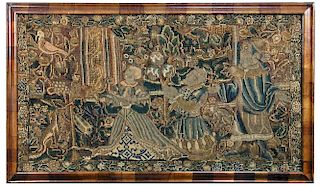 A late 16th or early 17th century English tent stitch embroidered panel, worked predominantly in gre