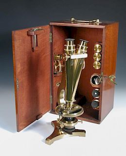 A good 19th century lacquered brass binocular microscope by R. & J. Beck, No. 19432, with rack and p