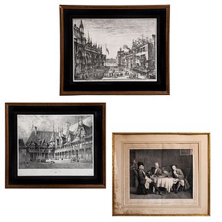 Lote de grabados. Francia, Siglo XX. Vistas y escenas europeas. 30 x 44 cm. Piezas: 3.