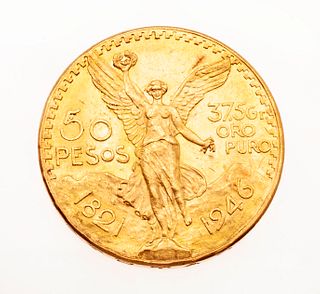 Moneda de 50 pesos oro de 21k. Peso: 41.7 g.