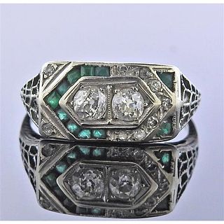 Art Deco 18k Gold Diamond Emerald Ring