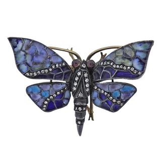 18k Gold Silver Enamel Ruby Diamond Butterfly Brooch