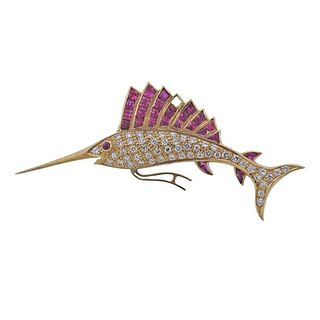 14K Gold Diamond Ruby Fish Brooch Pin