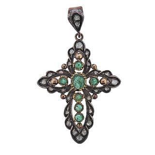  18K Gold Silver Diamond Emerald Cross Pendant
